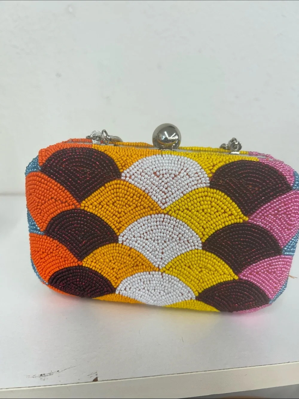 Multicolor Beaded Scallop Clutch - Yellow, Orange, Pink, White, Brown